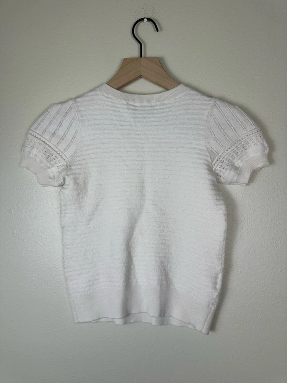 LOFT Women XXS‎ Cottage Core Pointelle White Knit Ruffle Sleeve Sweater Shirt